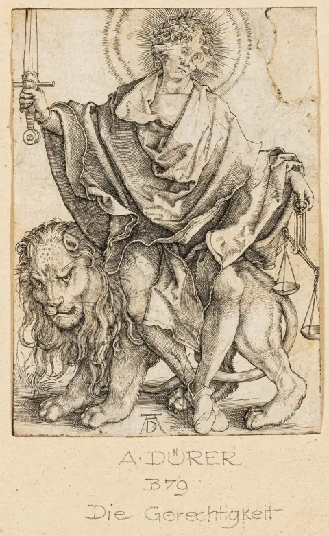 Dürer, Albrecht – Il sole della giustizia. Incisione a bulino. Intorno al 1499/1500. 10,7 x 7,6 cm. Montato in alto su cartone. Meder 73, probabilmente b (da d).