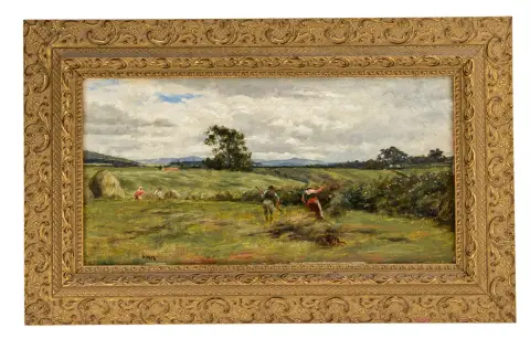 Hardie, Charles Martin – Senza titolo. (Mietitura). Olio su cartone. Monogrammato "CMH" nel margine inferiore dell'immagine, al verso etichetta della ditta Geo…
