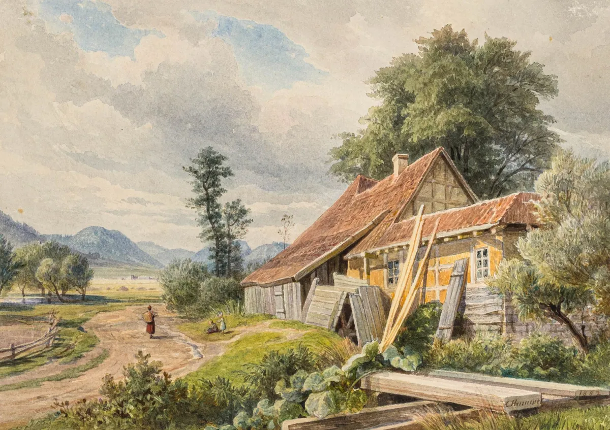 Hummel, Carl Maria Nicolaus – Friedrichroda附近的Dammmühle。纸上水彩。右下角签名并注明日期。背面有标题和"Smlg. H."印章。1882年。