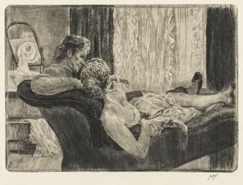 Klinger, Max – Scena d'atelier. ("Dopo il lavoro", "Siesta"). Acquaforte su carta giapponese color champagne. Monogrammato nella lastra in basso a sinistra.…
