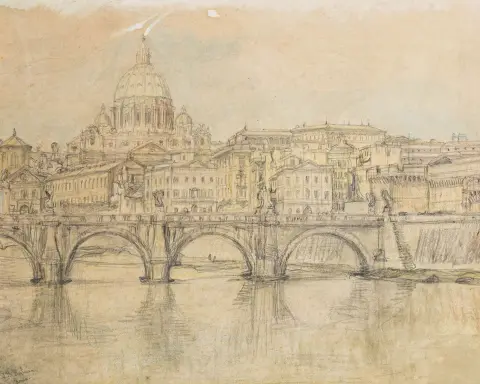 Koelman, Johan Philip – Roma con vista sul Ponte Sant'Angelo e la Basilica di San Pietro. Matita e acquerello