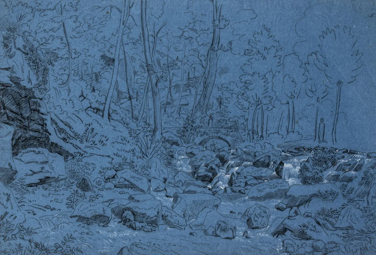 Legendre, Louis Félix – 枫丹白露附近的林间溪流。蓝色纸上的黑、白粉笔。约1820年。画幅尺寸：29.4 x 43厘米。装裱于…