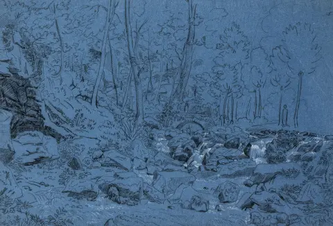 Legendre, Louis Félix – Ruscello nel bosco presso Fontainebleau. Gessetto nero e bianco su carta blu. Ca. 1820