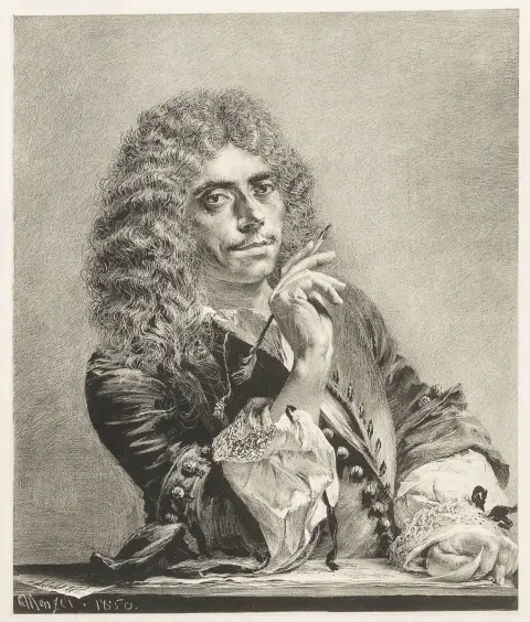 Menzel, Adolph von – Ritratto del poeta Molière. Litografia su carta robusta. Firmata e datata nella pietra. 1850. Dimensioni motivo: 21,2…
