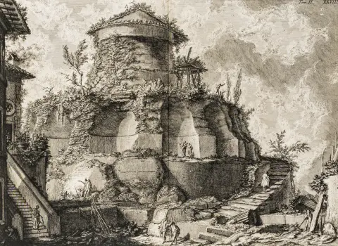 Piranesi, Giovanni Baptista – "Le Antichitá Romane" से चार दोहरे पृष्ठ आकार की एचिंग। रोम, 1756। पत्रक माप: 51 x 72 सेमी।