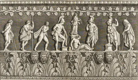 Piranesi, Giovanni Battista – तीन दोहरे पृष्ठ आकार की एचिंग, से: "Vasi, candelabri, cippi, sarcofagi, tripodi, lvcerne ed ornamenti antichi"। रोम, 1778।
