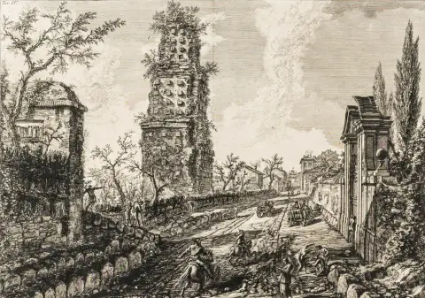 Piranesi, Giovanni Battista – Francesco Piranesi की तीन दोहरे पृष्ठ आकार की एचिंग, से "Antichitá d'Albano e de Castel Gandolfo"। रोम, 1764।