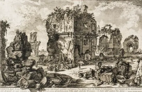 पिरानेसी, जियोवानी बतिस्ता – "Le Antichitá Romane" से चार दोहरे पन्ने के बड़े नक़्क़ाशी। रोम, 1756। पन्ने का माप: 51 x 72 सेमी। उपलब्ध: I.…