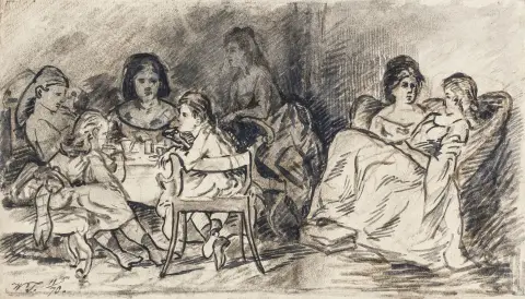 Trübner, Wilhelm – Dameselskap. Mørkebrun kritt og svart tusj, lavet med vann, på velin.