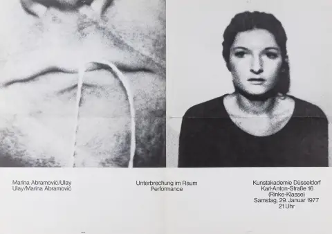 Abramovic, Marina og Ulay – Avbrytelse i rommet. Offsetplakat til performance ved Kunstakademiet Düsseldorf 29.01.1977.