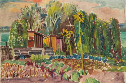 Ackermann, Max – Hage ved sjøen (ved Bodensjøen). Tempera på lerret. Monogrammert nederst til høyre "M.A." samt verso på en gammel etikett…