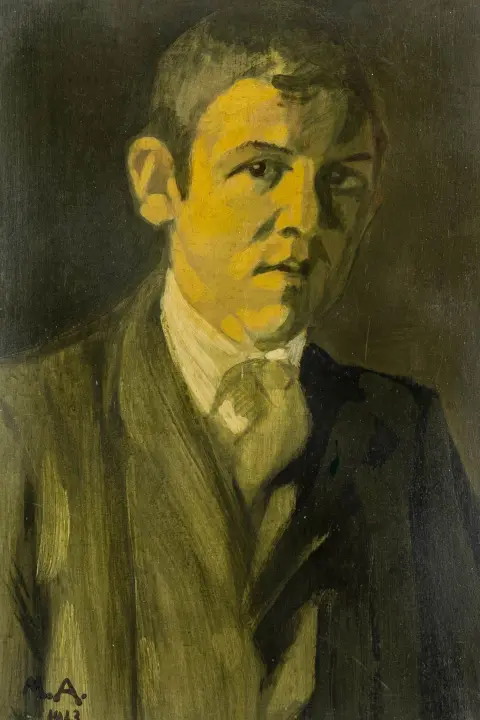 Ackermann, Max – Portrett av bror Hermann. Olje på hardfiberplate. Monogrammert og datert nederst til venstre "M. A. 1913". Platens mål: 53 x 36…