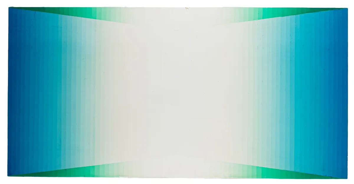 Albrecht, Joachim – 构图 95/1（蓝色带绿色）。铝板油画。背面标签盖有遗产印章。1995年。