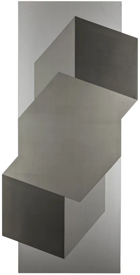 Albrecht, Joachim – Uten tittel. (Tårnlignende). Olje og lakk på aluminium. På baksiden på etikett med dødsbostempel. Sannsynligvis omkring 1974.