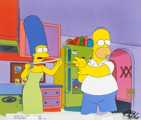 Animasyon sanatı – 20th Century Fox. "The Simpsons" orijinal film celi. Renkli, reprodüksiyon arka planlı 3 cel düzenlemesi. "20th…