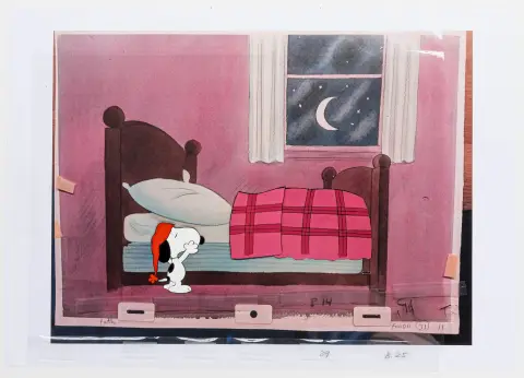 Animasyon Sanatı – Peanuts. "Charlie Brown and Snoopy Show"dan orijinal film celi "Snoopy mit Schlafmütze". Elle boyanmış folyo ile…