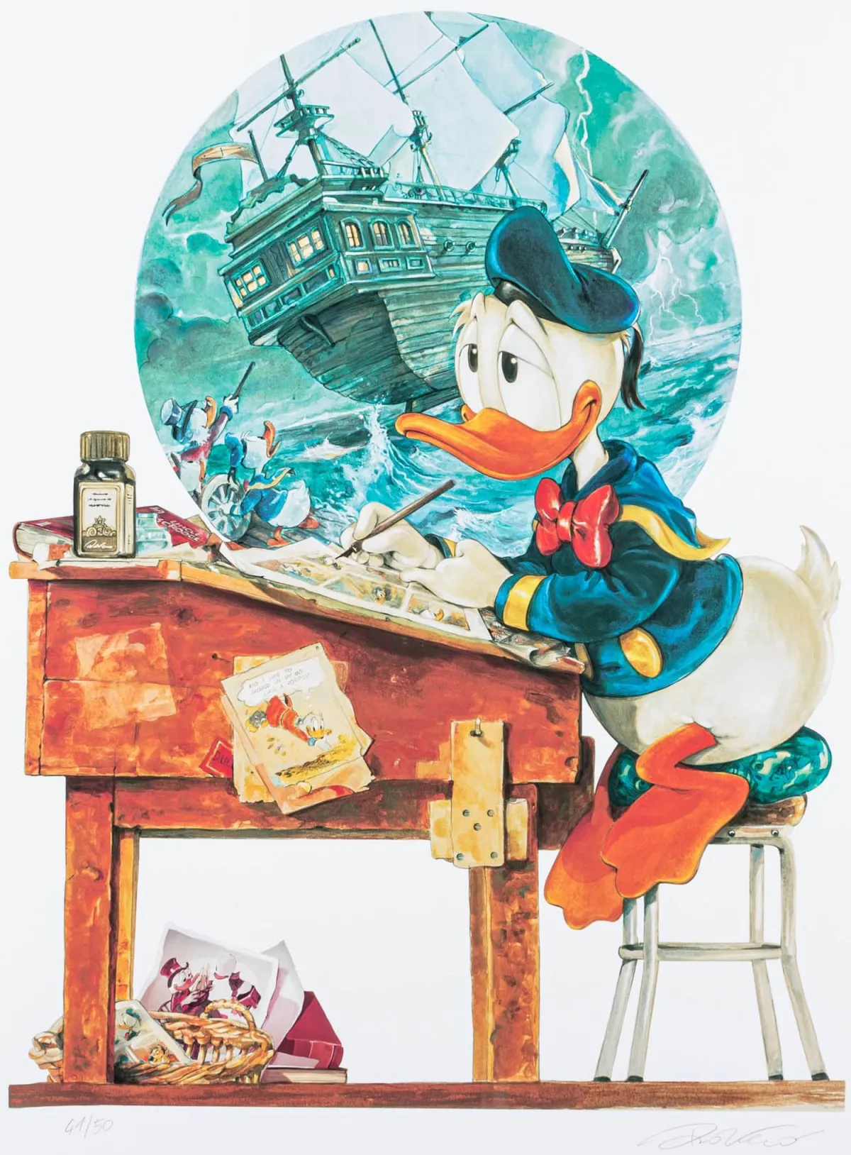 动画艺术 – Rovero, Pierpaolo。Donald Duck at his Working Desk。厚纸彩色石版画。签名并编号。版数：…