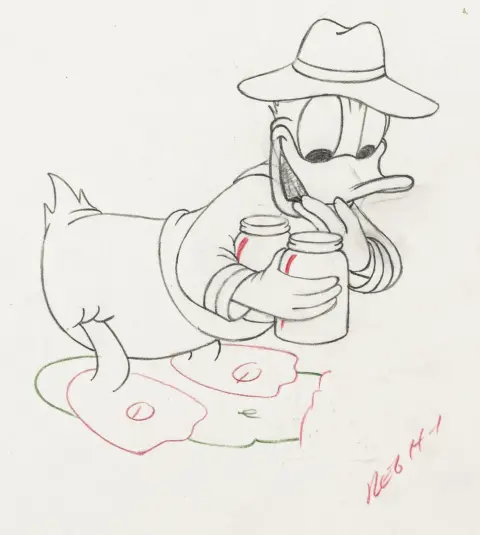 Animasyon sanatı – Bilinmiyor. "Honey Harvester"dan Donald Duck. Kurşun ve renkli kalemle çizim.