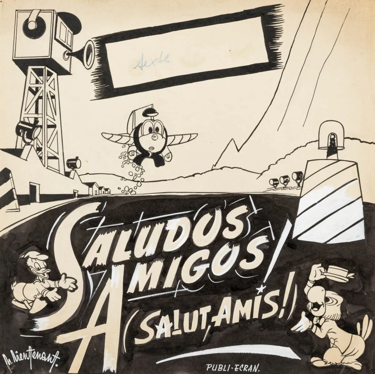 动画艺术 – 未知。《Saludos Amigos!》(Salut, Amis!)。薄纸板上的黑色墨水和蛋清。左下角签名难以辨认。