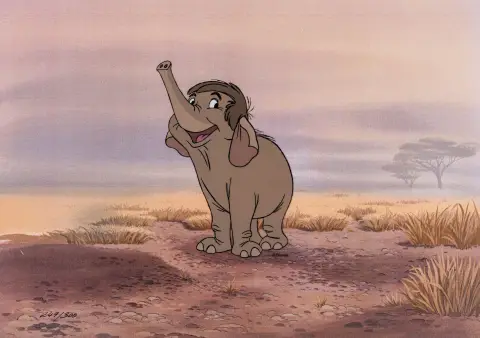 Animasyon sanatı – Walt Disney Studios. "Orman Kitabı"ndan Hathi Junior ile film sericel'i. Sahneye özgü reprodüksiyon arka plan üzerine folyo.