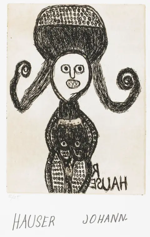 Art brut – Hauser, Johann. Sammlung von 3 Kaltnadelradierugen auf Velin. Jeweils unterhalb des Motivs mit Bleistift signiert sowie…
