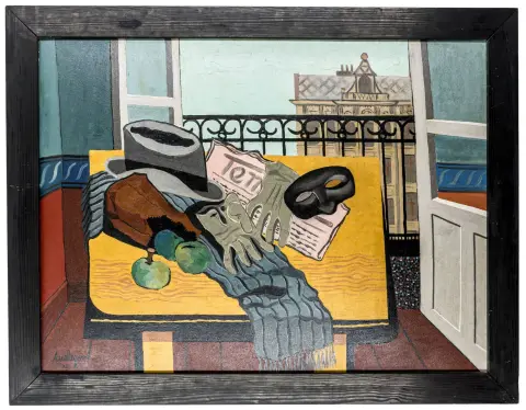 Ausleger, Rudolf – Ohne Titel. (Fensterstillleben). Öl auf fester Malpappe. Signiert und datiert unten rechts "Ausleger 29". Maße der…