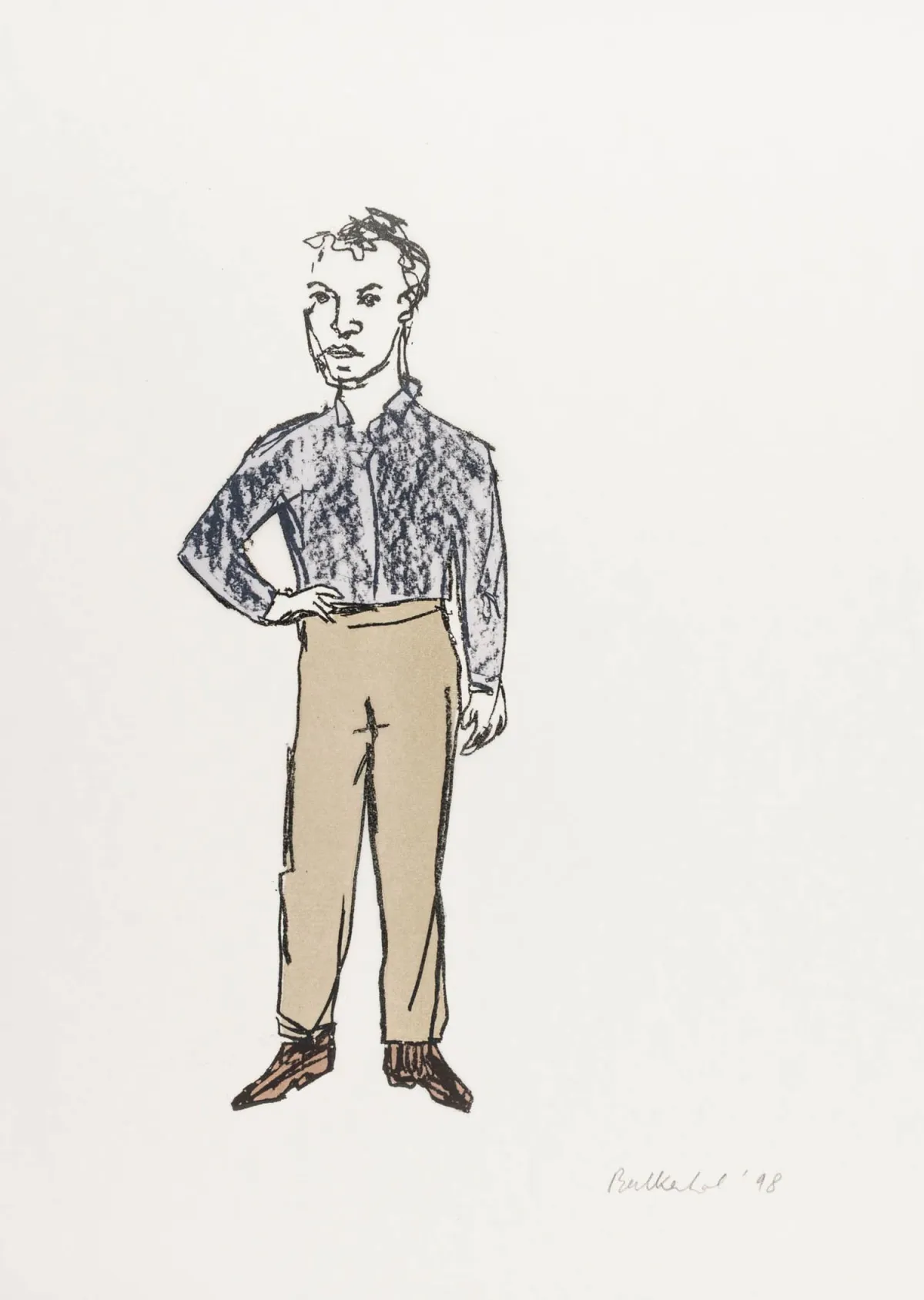 Balkenhol, Stephan – 穿蓝衬衫和灰裤子的男子。透明纸上彩色石版画。右下角铅笔签名并注明日期。1996年。画面尺寸：42,5 x 15 cm。纸张尺寸：62,5 x 45 cm。