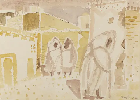 Bargheer, Eduard – Uten tittel. (Gatescene i Tunis). Akvarell på velin. Signert og datert med blyant. 1960. Bladmål: 31,6 x…