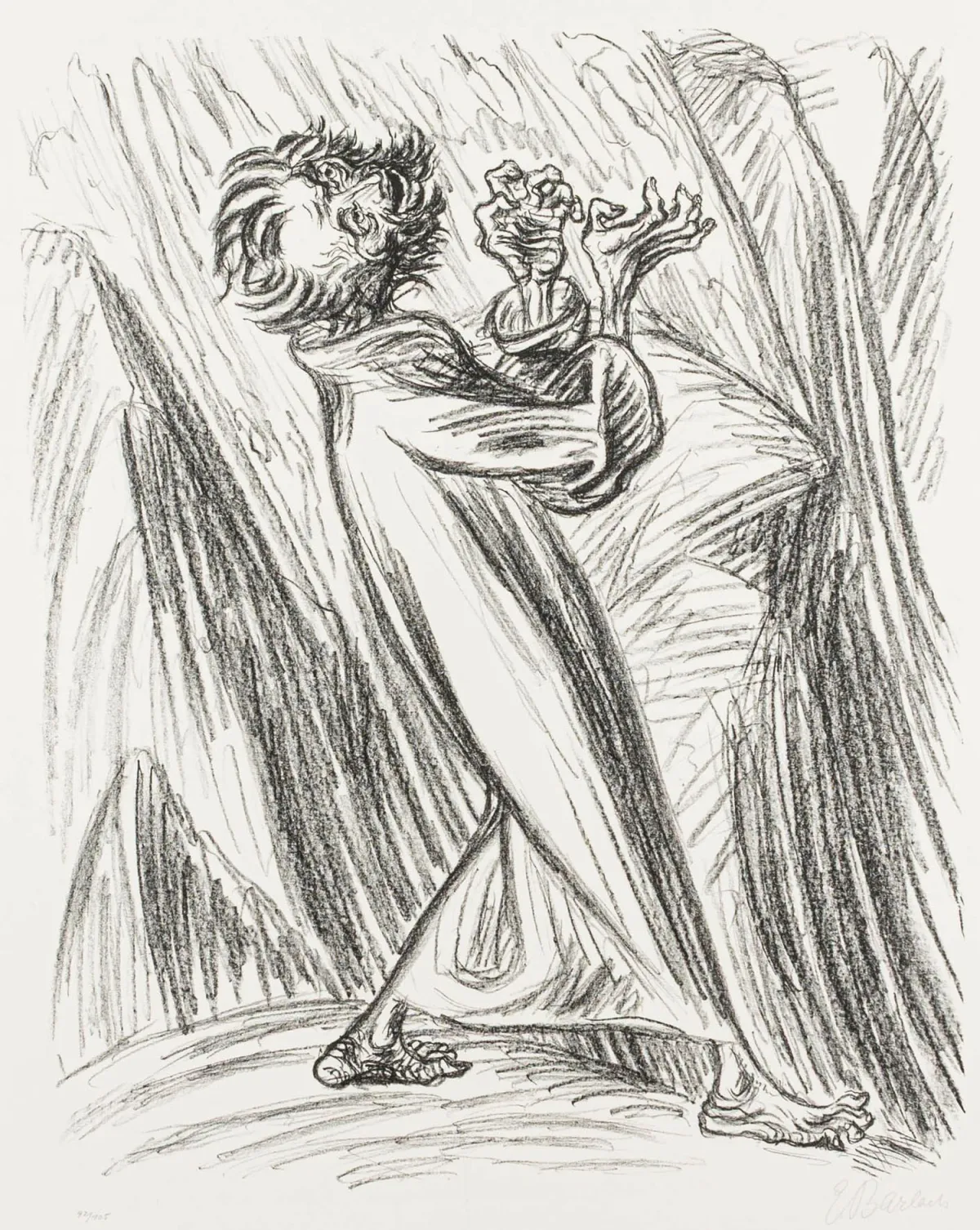 Barlach, Ernst – 愤怒（先知以利亚）。香槟色犊皮纸石版画。右下角铅笔签名。左下角…