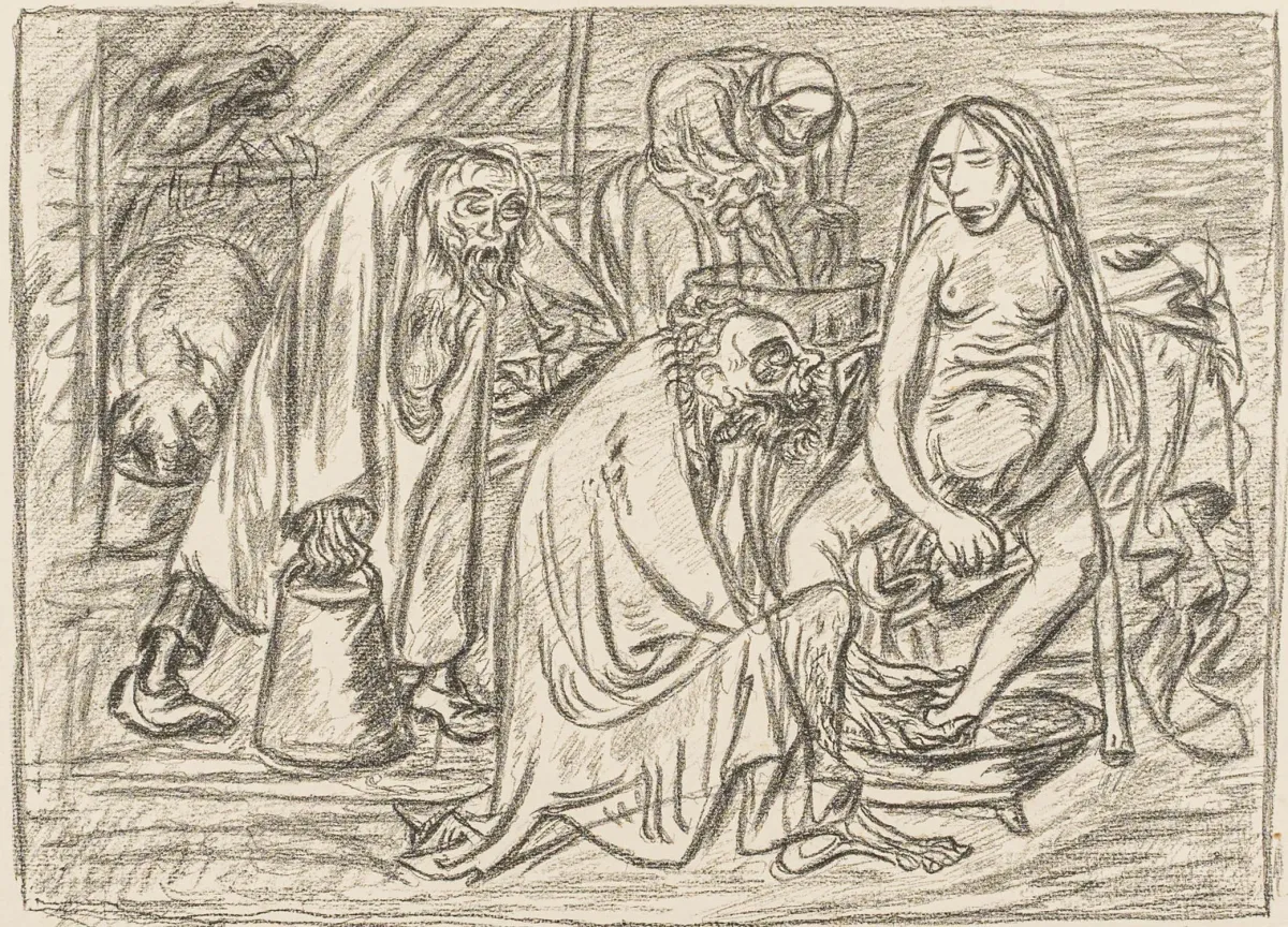Barlach, Ernst – 家庭的供养者。犊皮纸粉笔石版画（水印："OF Berlin-CH Leipzig"）。右下角签名…