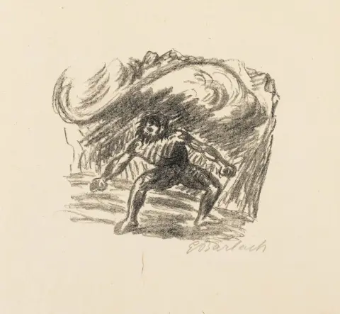 Barlach, Ernst – Prometheus 1 (Mottakeren). Litografi på tynt japansk papir. Signert med blyant. 1924. Bladmål: 25,5 x 26,5…