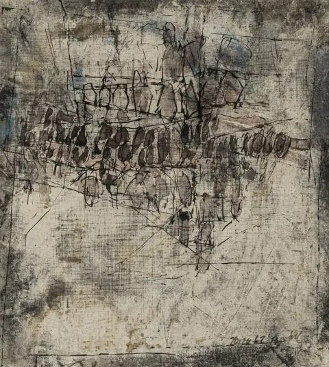 Bartel, Kurt – Uten tittel. Blandet teknikk på lerret. Signert og datert nederst til høyre. Ibiza, 1962. Bildemål: 25 x 22,5 cm. På…