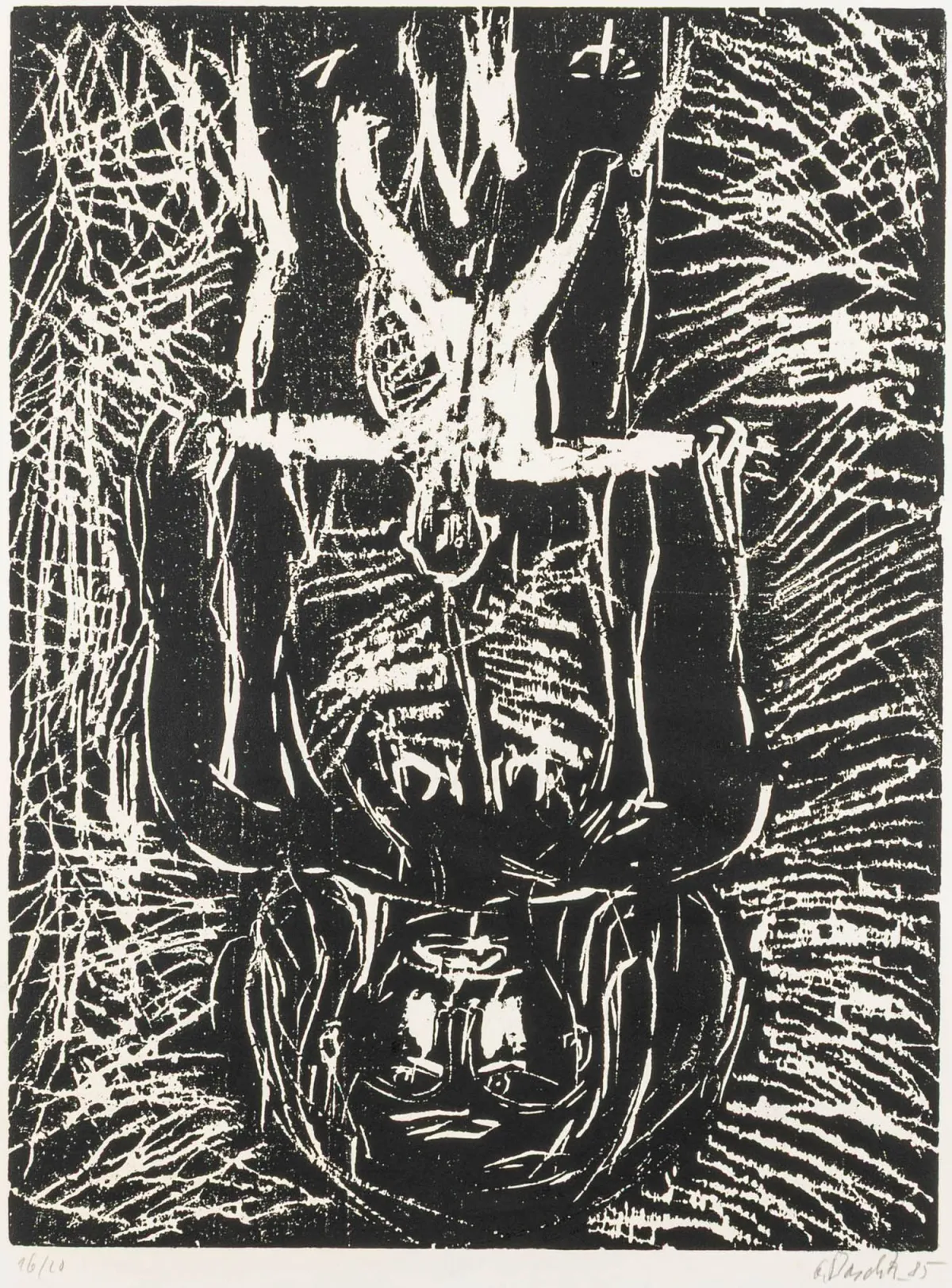 Baselitz, Georg – Zwarte moeder, wit kind. Houtsnede op Japans papier.