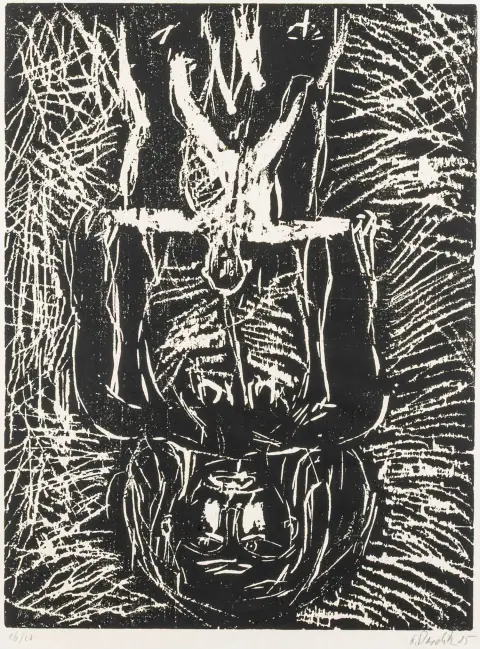 Baselitz, Georg – Svart mor, hvitt barn. Tresnitt på japansk bøttepapir. Signert og datert nederst til høyre. Nummerert nederst til venstre.…