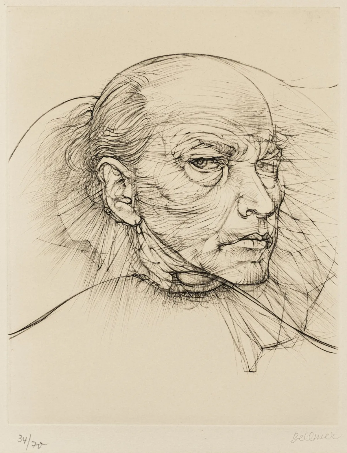 Bellmer, Hans – 自画像。犊皮纸上铜版画。右下角签名。左下角编号。版本：34/70。1974年。版画尺寸：…
