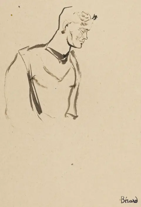 Bérard, Christian Jacques – Uten tittel (Mann i profil). Tinte på tynt papir. Signert nederst til høyre. Motivmål: ca. 15,5 x 10 cm.…