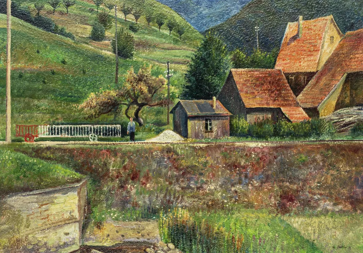 Birkle, Albert – 多瑙河谷的铁路道口。厚画板上的油画。右下角签名，背面有标题。可能是1920年代。…