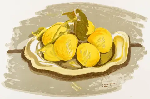 Braque, Georges – Corbeille de fruits. Fargelitografi på velin. Signert i steinen nederst til venstre. 1952. Bladmål: 38 x 56 cm. Vallier, s.…