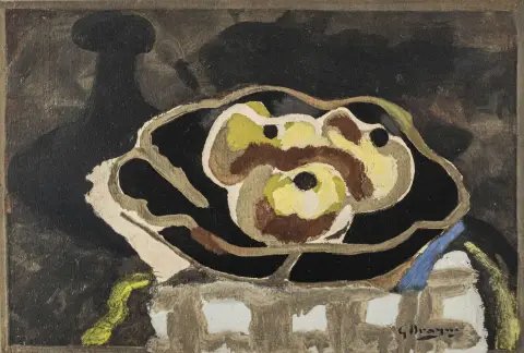 Braque, Georges – Nature morte aux pommes. Fargekollotypi på velin. Signert nederst til høyre med blyant "G Braque" samt nummerert nederst…
