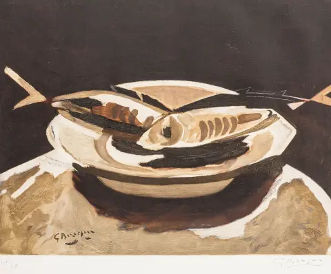 Braque, Georges – Poissons. Fargeetsning på BFK Rives. Signert med blyant nederst til høyre samt nummerert nederst til venstre. Eksemplar:…
