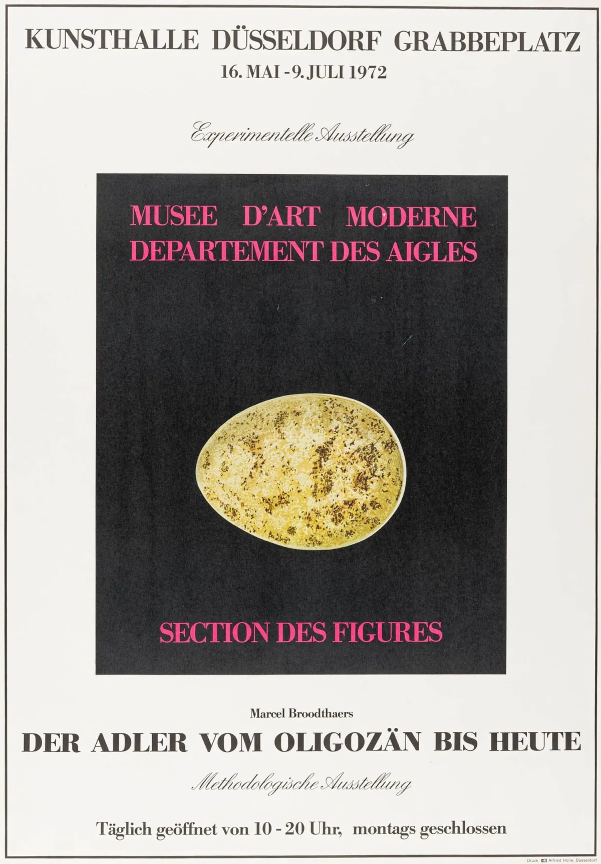 布罗德塔尔斯，马塞尔 – Der Adler vom Oligozän bis heute。纸上胶印。杜塞尔多夫艺术馆1972年5月16日至7月9日展览海报。