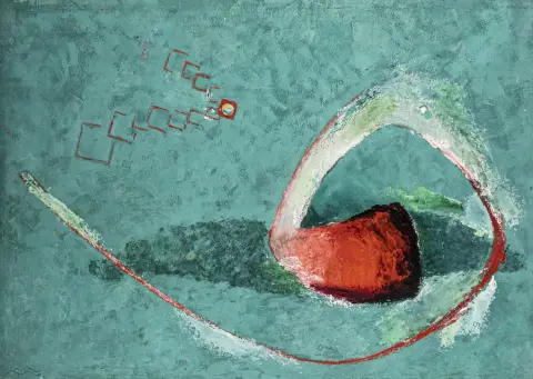 Buchholz, Erich – Quiete inquieta. Olio su pannello di fibra. In basso a sinistra firmato con il segno dell'Acquario, al verso firmato, datato e intitolato, nonché certificato da Eila Buchholz-Schrader. 1953.