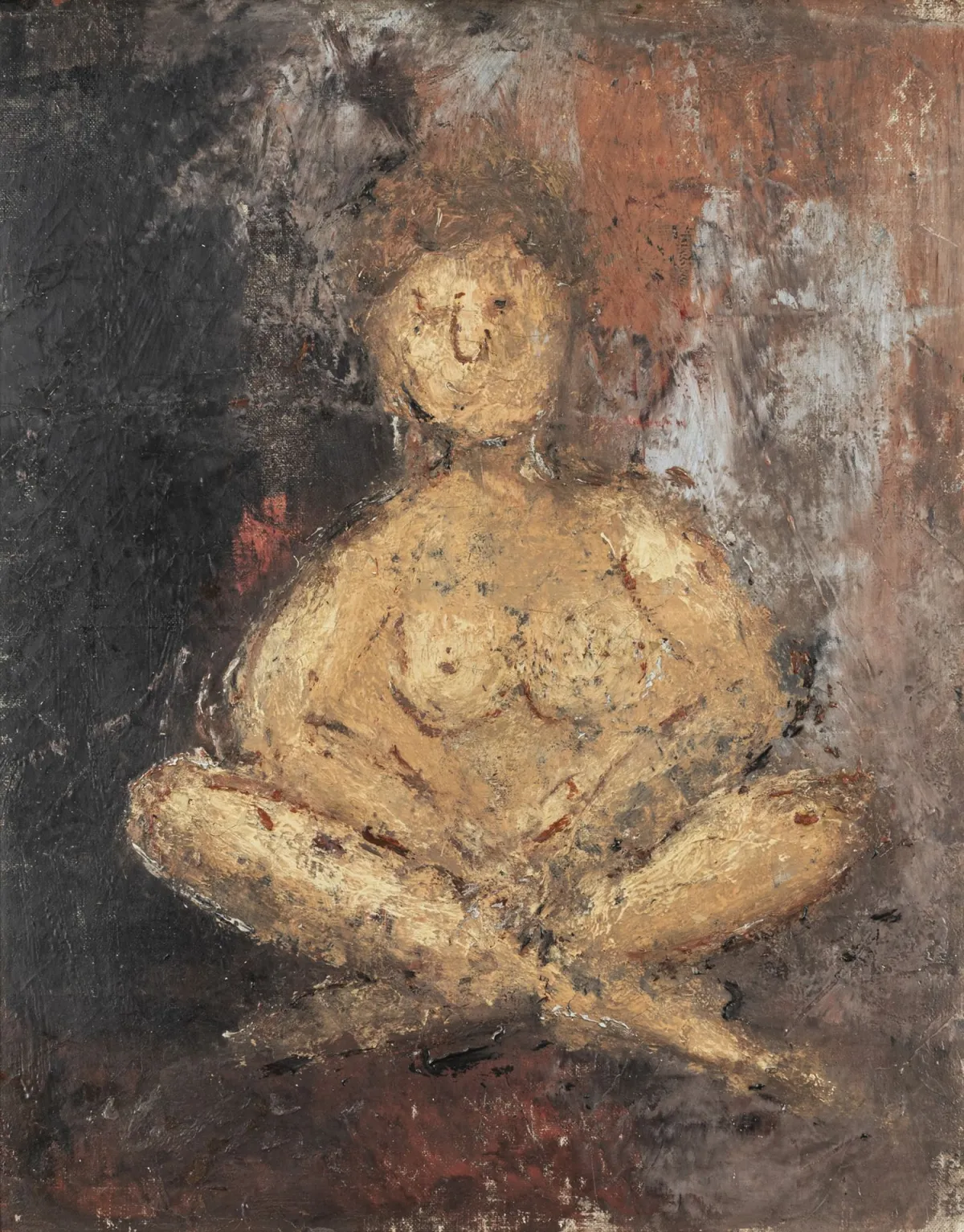 Busianis, Jorgos – 无题。（女性坐姿裸体，双腿交叉）。布面油画。可能为1950年代。画面尺寸：52,5 x 42,5厘米。带框：57 x 47厘米。