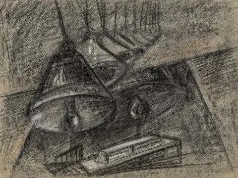 Bychowski, Alexandr Ja – Senza titolo. Disegno a carboncino su carta. Circa 1930. Dimensioni foglio: 27 x 36 cm. Con piccoli strappi marginali, per lo più rinforzati…