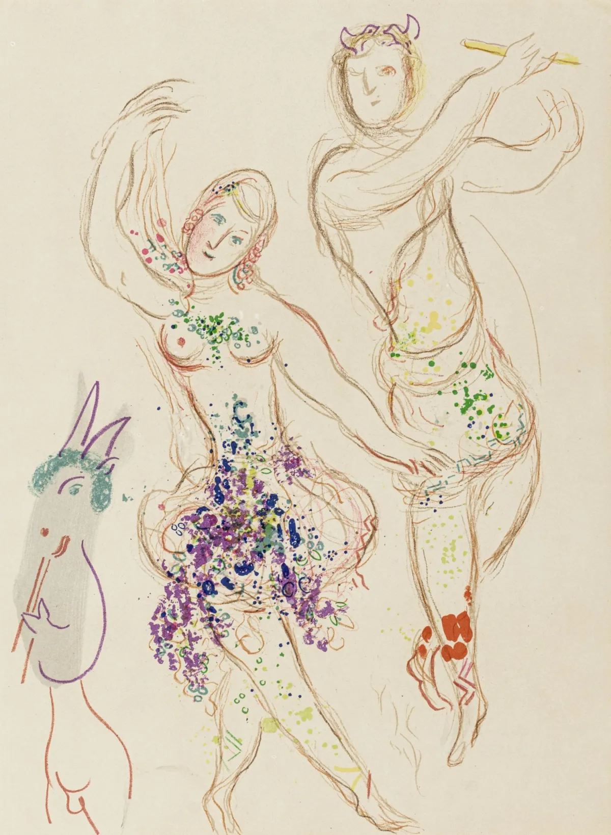夏加尔，马克 – Le Ballet: Daphnis et Chloe。犊皮纸彩色石版画。背面有排版标注“Original Lithograph by Marc…”