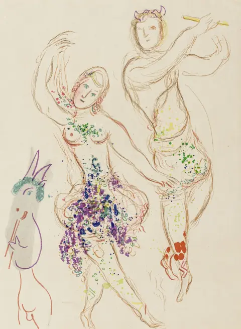 Chagall, Marc – Le Ballet: Daphnis et Chloe. Väri litografia veliinille. Kääntöpuolella typografinen merkintä "Original Lithograph by Marc…