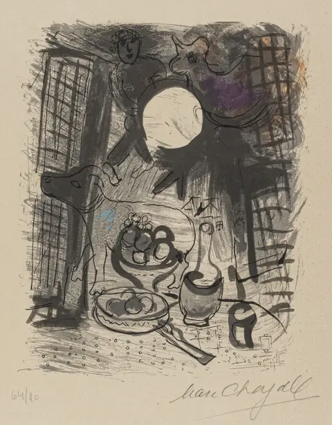 Chagall, Marc – Nature Morte brune. Väri litografia karkealle paperille. Signeerattu ja numeroitu. Kappale: 64/90. 1957. Aiheen mitat: 24 x 19…