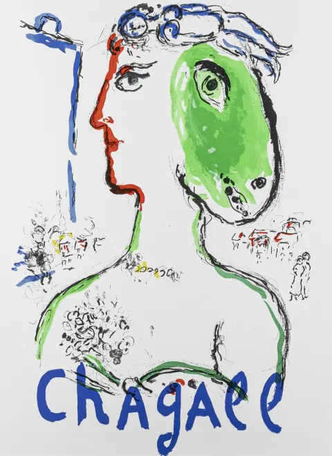 Chagall, Marc – Kokoelma kolme näyttelyjulistetta. Väri­litografioita veliinille. Kukin kiinnitetty paspartuun, joten vain kuva-aiheet ilman tekstiä ovat näkyvissä. 1969-1972.