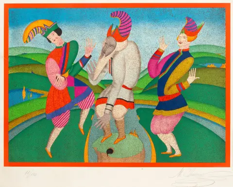 Chemiakine, Mikhail – Le sacre du printemps. Värilitografia, mixed media, paksulle veliinille. Lyijykynällä signeerattu ja numeroitu (11/150).