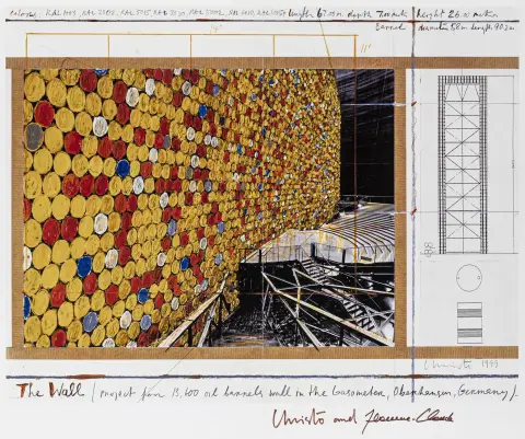 Christo ja Jeanne-Claude – The Wall - Oil Barrels Wall Gasometerissa, Oberhausenissa. Värioffsettasopainatus sileälle paperille. Oikeassa alakulmassa...